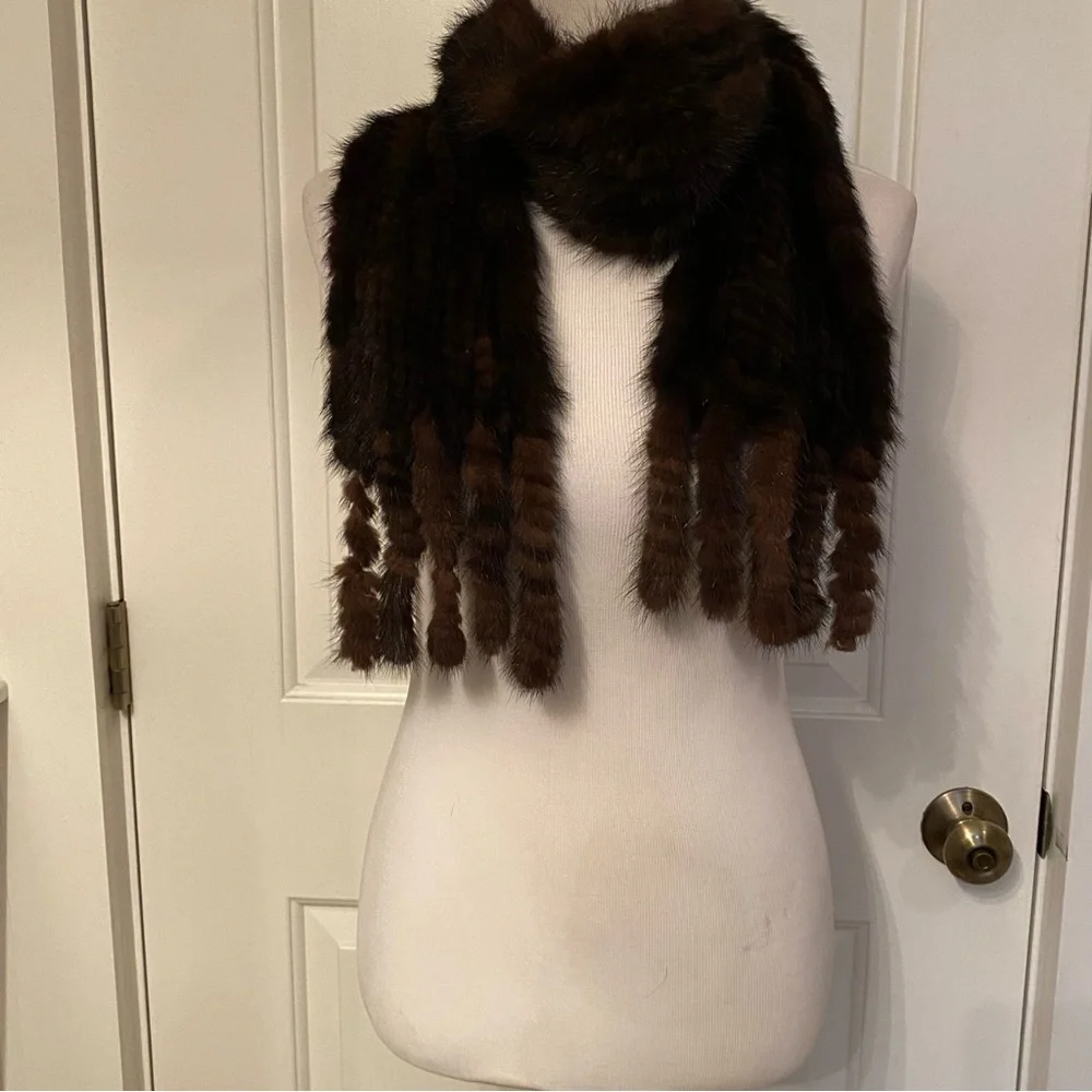 SCARF BROWN MINK FUR LONG RECTANGLE FRINGE ENDS SOFT LUXURY MOB WIFE